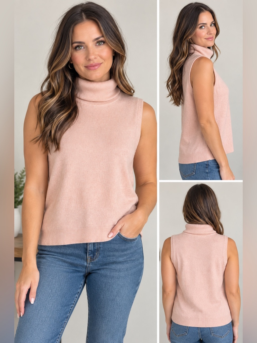 Studio Works Sleeveless Turtleneck Sweater - Pale Pink
